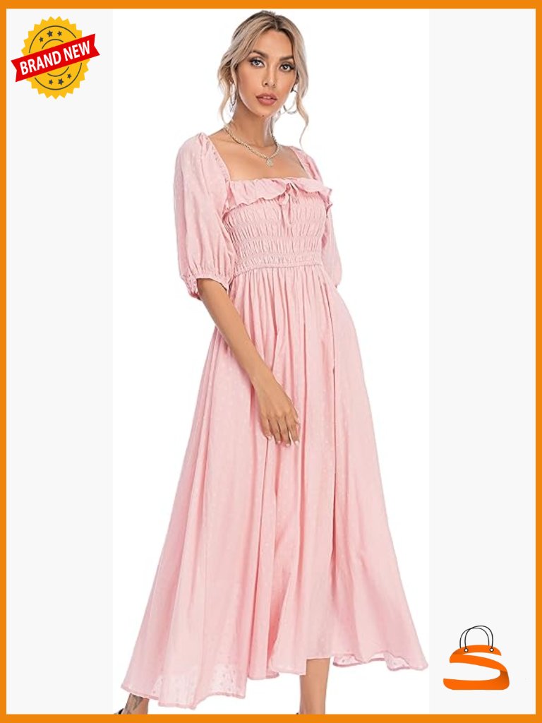 Women Summer Half Sleeve Cotton Ruffled Vintage Elegant Backless A Line Flowy